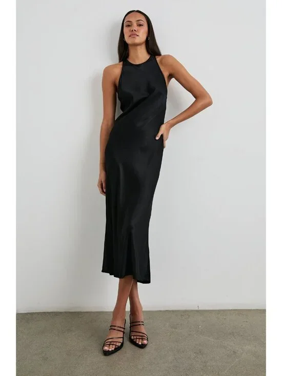 RAILS SOLENE DRESS black midi MEDIUM satin party sleeveless cutout slinky - Picture 3 of 14